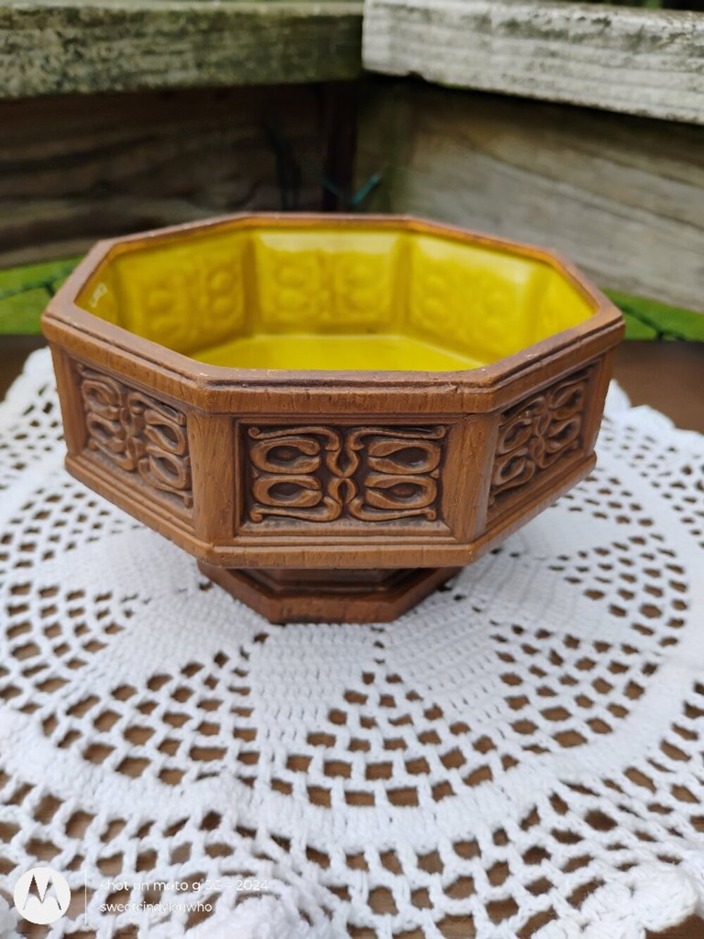 Vintage Napcoware Import C-7896 Octagonal Ceramic Bowl Planter Wood Tone Japan